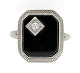 18k Gold Filigree Genuine Natural Black Onyx Ring with Corner Diamond (#J6613)
