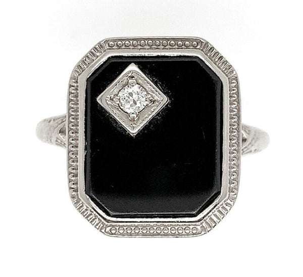 18k Gold Filigree Genuine Natural Black Onyx Ring with Corner Diamond (#J6613)