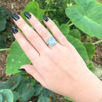 14k White Gold Rainbow Genuine Natural Moonstone Teal Sapphire Ring (#J6261)