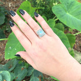 14k White Gold Rainbow Genuine Natural Moonstone Teal Sapphire Ring (#J6261)