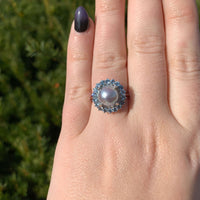 14k White Gold 9mm Blue Akoya Pearl and Aquamarine Ring Size 7 Jewelry (#J7067)