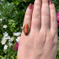 14k Gold Arts and Crafts Genuine Coral Cameo Ring Handwrought Flowers (#J7335)