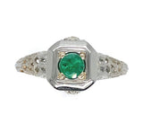 18k White Gold Deco Filigree .21ct Genuine Natural Emerald Ring (#J6332)
