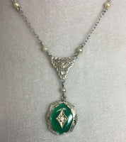 10k White Gold Green Onyx and Diamond Deco Pendant (#J5319)