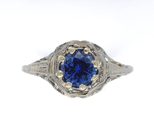 18k White Gold Filigree Ring with 1 Carat Blue Genuine Natural Sapphire (#J6461)