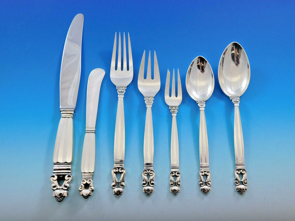 Acorn by Georg Jensen Danish Sterling Silver Flatware Set for 12 Dinner 91 pcs