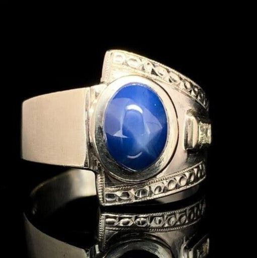 14k Gold Men's Blue Star Synthetic Lab-Created Sapphire Diamond Ring (#J6642)