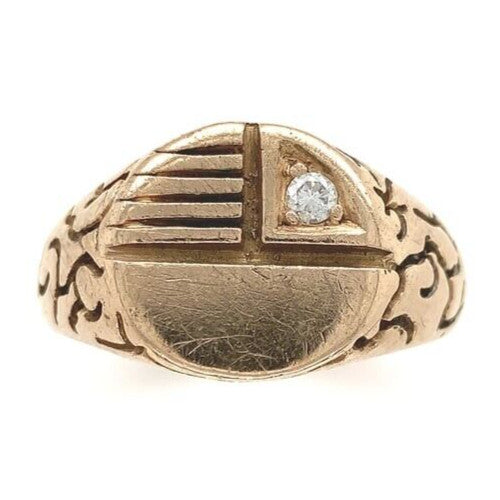 14k Gold Men's Vintage Signet Ring with Genuine Natural Diamond Accent (#J6638)