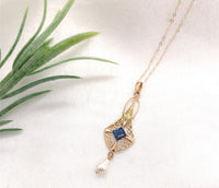 10k Yellow Gold Lavaliere with Pearl Drop and Blue Glass Accent w/Chain (#J7192)