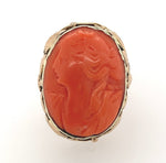 10k Yellow Gold Genuine Natural Coral Cameo Ring Arts and Crafts Leaves (#J6031)