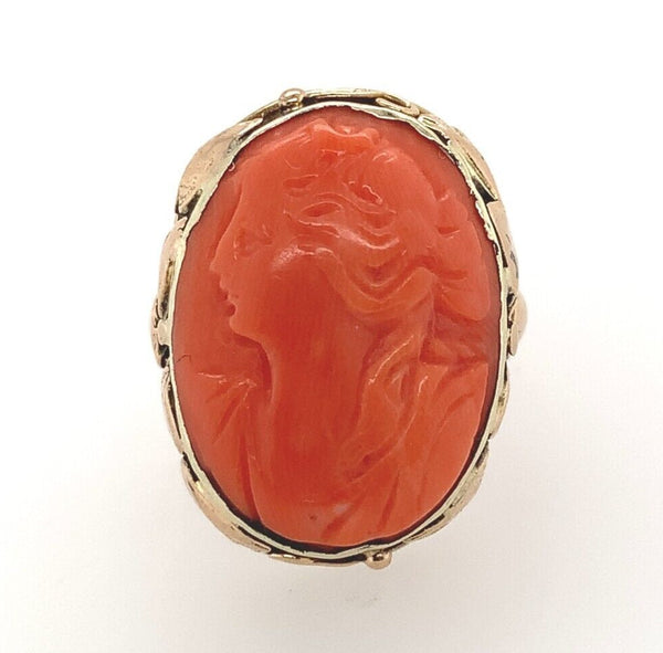 10k Yellow Gold Genuine Natural Coral Cameo Ring Arts and Crafts Leaves (#J6031)