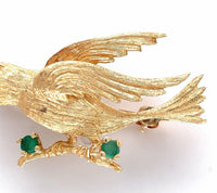 14k Yellow Gold Pin of Bird on a Branch with Genuine Natural Chalcedony (#J6013)