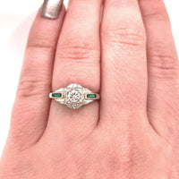 18k White Gold Diamond Filigree Ring w/ Synthetic Lab-Created Emeralds (#J5713)