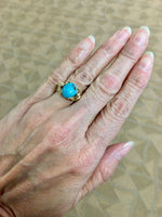 Vintage 14k Yellow Gold Genuine Natural Turquoise Ring with Birds (#J5225)