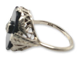 Art Deco 10k Genuine Natural Black Onyx and Diamond Filigree Ring 6.5 (#J7082)