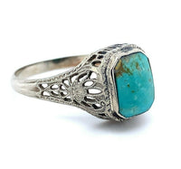 14k White Gold Art Deco Genuine Natural Turquoise Filigree Ring (#J5184)
