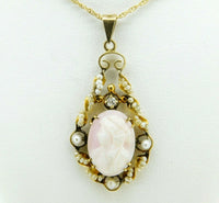 14k Yellow Gold Angel Skin Coral / Shell Cameo Lavaliere (#J4412)