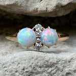 14k Yellow Gold Twin Round Genuine Natural Opal Ring with Diamonds (#J5813)