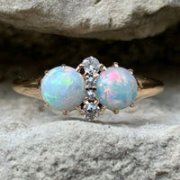 14k Yellow Gold Twin Round Genuine Natural Opal Ring with Diamonds (#J5813)