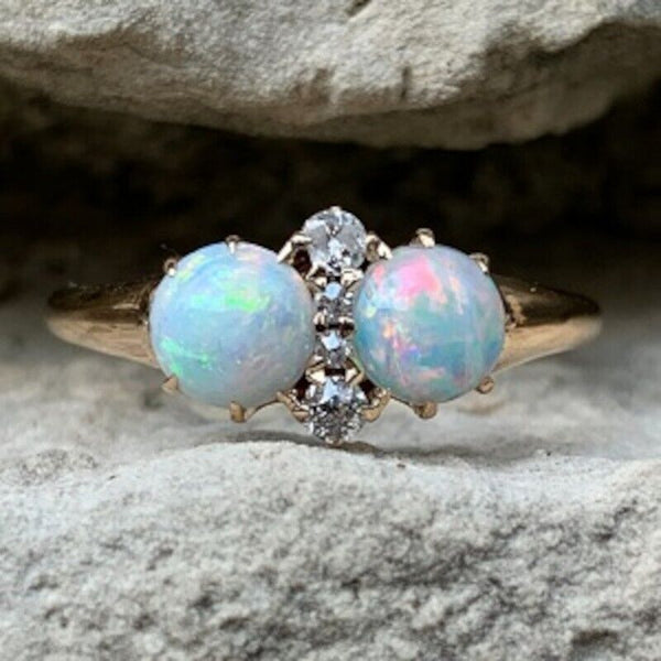 14k Yellow Gold Twin Round Genuine Natural Opal Ring with Diamonds (#J5813)