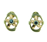 Retro 14k Gold Genuine Natural Aquamarine Earrings w/ Rose Gold Flowers (#J2522)