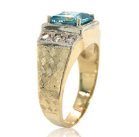 14k Gold 3.55 Carat Blue Genuine Natural Zircon Men's Ring w/ Diamonds (#J6920)