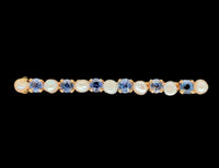 14k Yellow Gold Antique Montana Sapphire and Pearl Bar Pin Jewelry (#J7145)