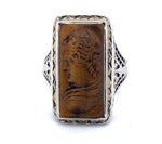 14k White Gold Filigree Genuine Natural Tiger's Eye Cameo Ring (#J4989)