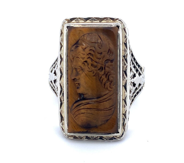 14k White Gold Filigree Genuine Natural Tiger's Eye Cameo Ring (#J4989)