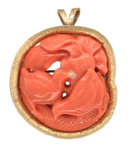 14k Yellow Gold Carved Birds Genuine Natural Coral Pin Brooch Pendant (#J7340)