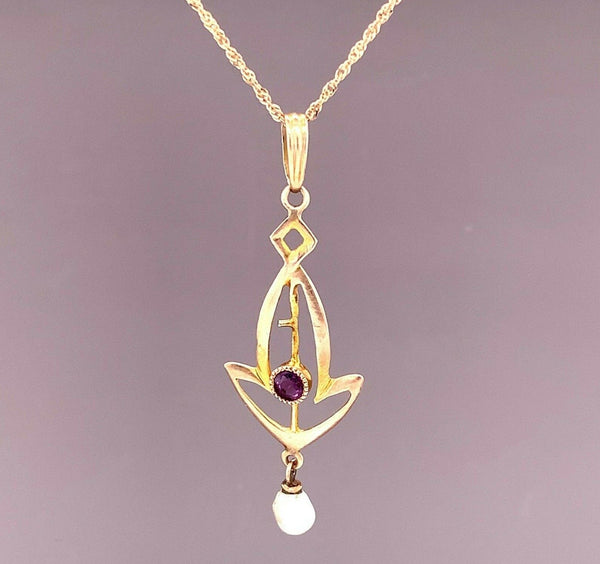 10K Yellow Gold Victorian Lavaliere Pendant with Purple Paste Stone (#J4958)