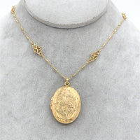 14k Yellow Gold Oval Locket w/Engraved Design on Fancy Cast Link Chain (#J7182)