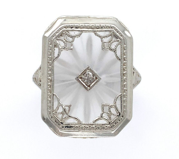 14k Gold Filigree Genuine Natural Rock Crystal Diamond Ring Size 5 (#J6496)