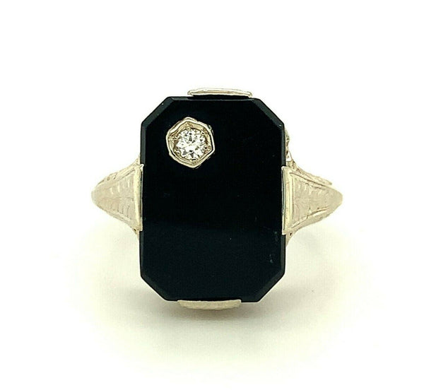 14k White Gold Filigree Genuine Natural Black Onyx Diamond Ring (#J5307)