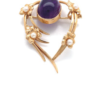 18k Yellow Gold Swedish Amethyst and Seed Pearl Flower Pin Jewelry (#J6250)