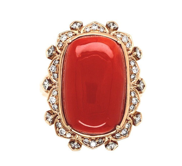 18k Gold 17.65ct Genuine Natural Ox Blood Coral Ring with .54ct Diamonds #J6179