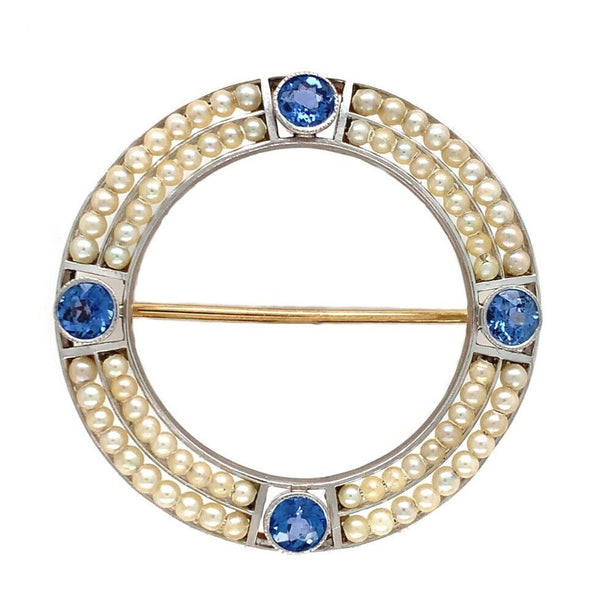 14k Yellow Gold and Platinum Montana Sapphire Seed Pearl Pin w/GIA Report #J6595