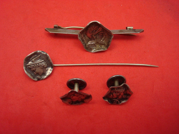 Medallion Sterling Silver Shirt Set Bar Pin Stick Pin & Buttons 4pc Set