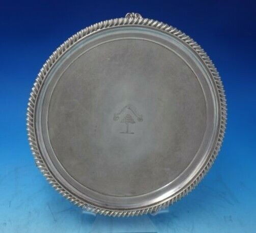 Gadroon by Unknown Sheffield Silverplate Salver Tray w/Crest 10" x 3/4" (#5919)