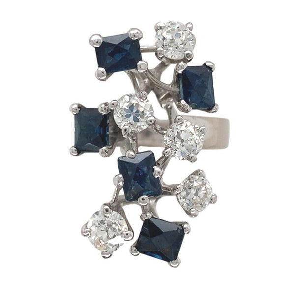18k White Gold Genuine Natural Sapphire Diamond Modernist Handmade Ring (#J7081)