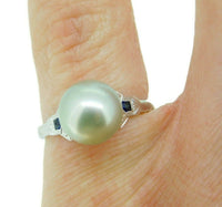 Art Deco 18k Gold 9mm Tahitian Grey Pearl Ring w/ Lab-Created Sapphires (#J4577)