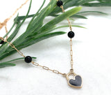 14k Gold Necklace w/ Black Enamel Heart Shape Lock Pendant Onyx Beads (#J7572)