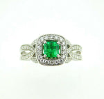 14k White Gold Genuine Natural Emerald and Diamond Halo Ring (#J5003)