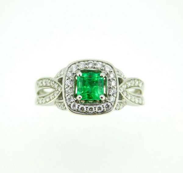 14k White Gold Genuine Natural Emerald and Diamond Halo Ring (#J5003)