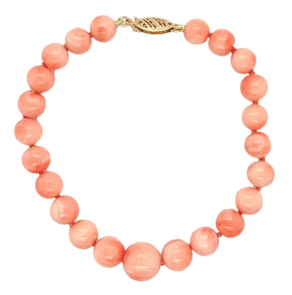 7mm-10mm Genuine Natural Coral Bead Bracelet w/14k Gold Fits 6 3/4" Wrist #J7332