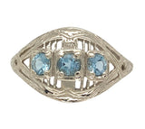 14k White Gold Filigree Deco Three Stone Genuine Natural Aquamarine Ring #J7560