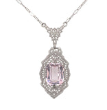 Art Deco 10k White Gold Filigree Pendant Necklace with Pink Stone (#J7357)