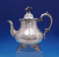 Robert Harper English Victorian Sterling Silver Tea Set 4pc w/Bird SP Tray #7043