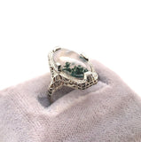 14k White Gold Moss Genuine Natural Agate Filigree Ring Jewelry (#J5748)
