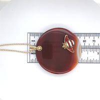 14k Yellow Gold Enamel Bee on Large Genuine Natural Agate Disk Pendant (#J6232)